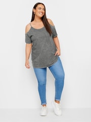 Yours Curve Grey Acid Wash Strappy Cold Shoulder T-Shirt - Image 1 of 5