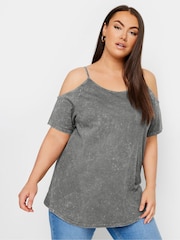 Yours Curve Grey Acid Wash Strappy Cold Shoulder T-Shirt - Image 2 of 5