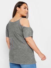 Yours Curve Grey Acid Wash Strappy Cold Shoulder T-Shirt - Image 3 of 5