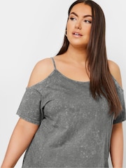 Yours Curve Grey Acid Wash Strappy Cold Shoulder T-Shirt - Image 4 of 5