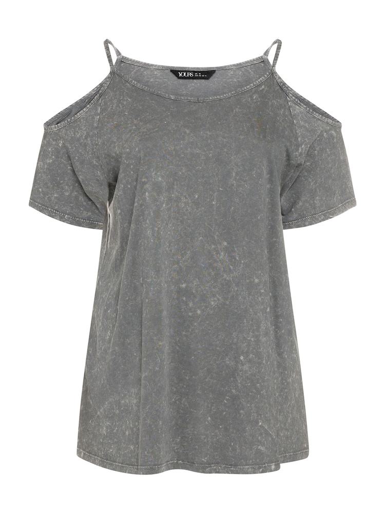 Yours Curve Grey Acid Wash Strappy Cold Shoulder T-Shirt - Image 5 of 5 Yours Curve Grey Acid Wash Strappy Cold Shoulder T-Shirt - Image 5 of 5