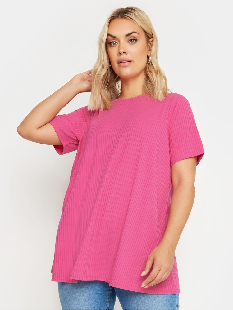 Yours Curve Pink Ribbed T-Shirt - Image 1 of 5 Yours Curve Pink Ribbed T-Shirt - Image 1 of 5