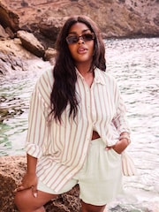 Yours Curve White White & Rust Orange Striped Linen Shirt - Image 1 of 6