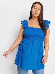 Yours Curve Blue 100% Cotton Peplum Anglaise Frill Top - Image 1 of 5