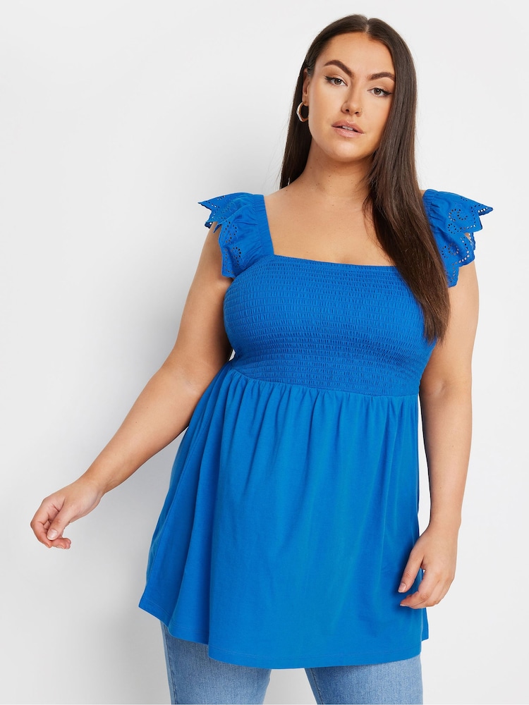 Yours Curve Blue 100% Cotton Peplum Anglaise Frill Top - Image 1 of 5