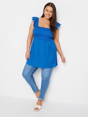 Yours Curve Blue 100% Cotton Peplum Anglaise Frill Top - Image 2 of 5