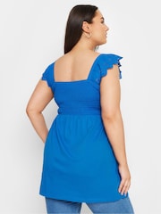 Yours Curve Blue 100% Cotton Peplum Anglaise Frill Top - Image 3 of 5