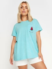 Yours Curve Blue Placement Print T-Shirt - Image 1 of 5