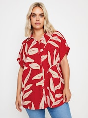 Yours Curve Red Leaf Leaf Crinkle Short Sleeve Shirt - Image 1 of 5