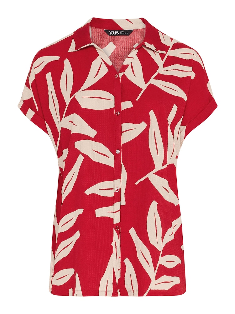 Yours Curve Red Leaf Leaf Crinkle Short Sleeve Shirt - Image 5 of 5