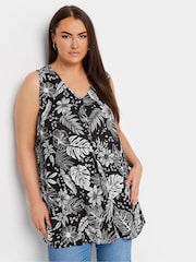 Yours Curve Black Leaf Print Pleat Front Vest Top - Image 1 of 5