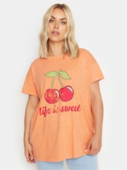 Yours Curve Orange 100% Cotton 'Life Is Sweet' Cherry Print T-Shirt - Image 1 of 5