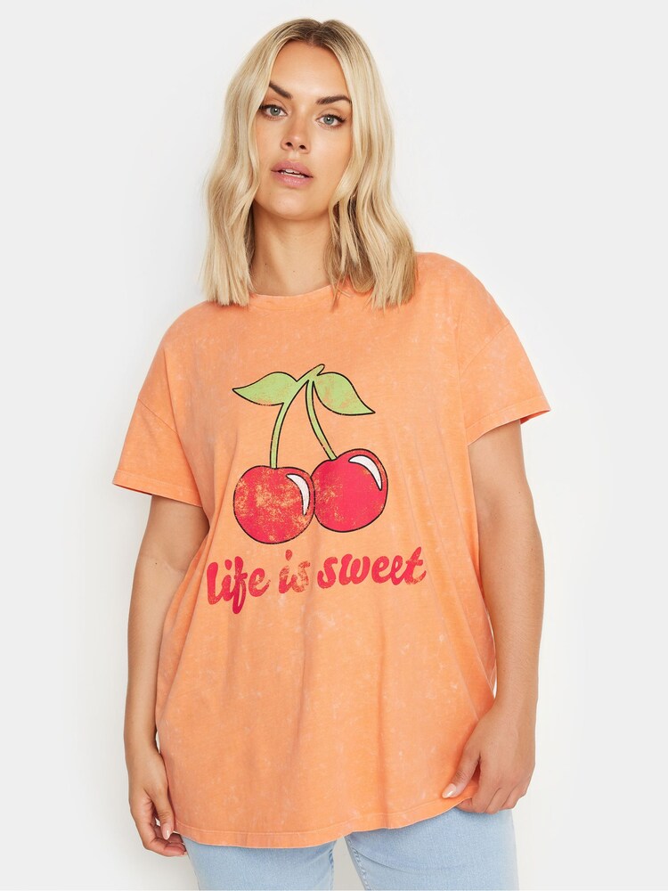 Yours Curve Orange 100% Cotton 'Life Is Sweet' Cherry Print T-Shirt - Image 1 of 5