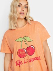 Yours Curve Orange 100% Cotton 'Life Is Sweet' Cherry Print T-Shirt - Image 4 of 5