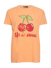 Yours Curve Orange 100% Cotton 'Life Is Sweet' Cherry Print T-Shirt - Image 5 of 5