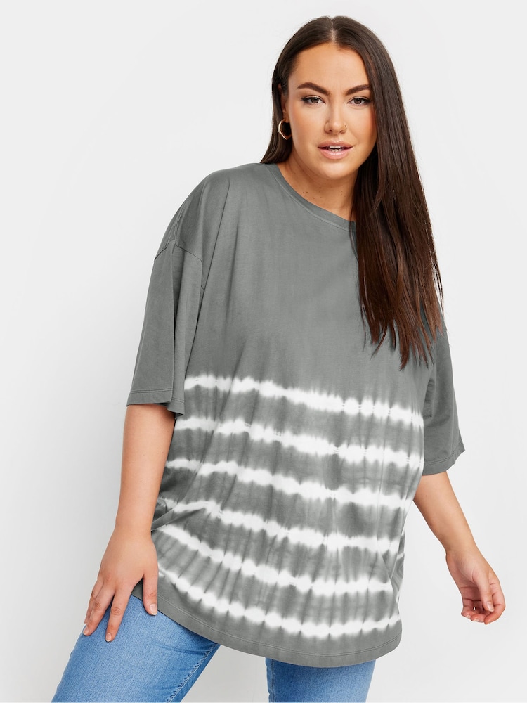 Yours Curve Grey 100% Cotton Tie Dye Boxy T-Shirt - Image 1 of 5 Yours Curve Grey 100% Cotton Tie Dye Boxy T-Shirt - Image 1 of 5