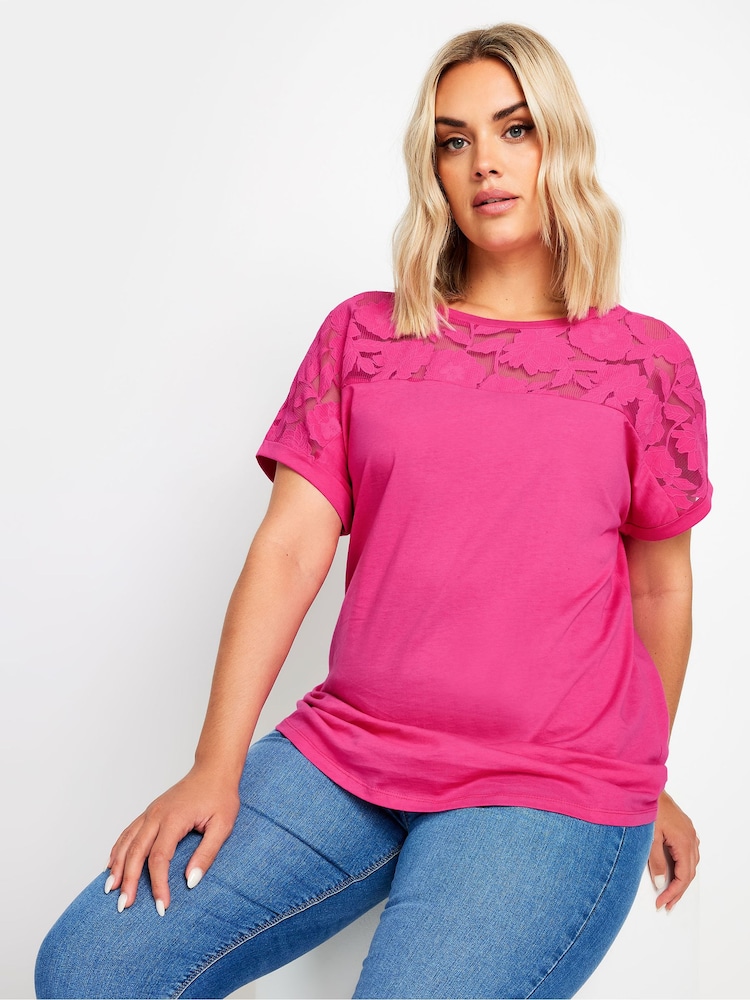 Yours Curve Pink 100% Cotton Floral Mesh Panel T-Shirt - Image 1 of 5