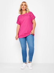 Yours Curve Pink 100% Cotton Floral Mesh Panel T-Shirt - Image 2 of 5