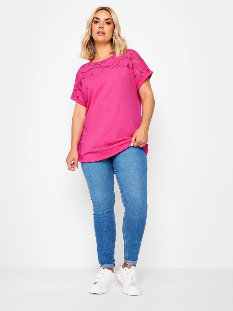Yours Curve Pink 100% Cotton Floral Mesh Panel T-Shirt - Image 2 of 5