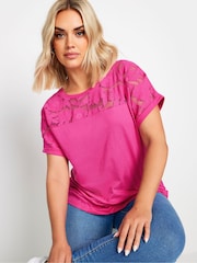 Yours Curve Pink 100% Cotton Floral Mesh Panel T-Shirt - Image 4 of 5