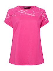 Yours Curve Pink 100% Cotton Floral Mesh Panel T-Shirt - Image 5 of 5