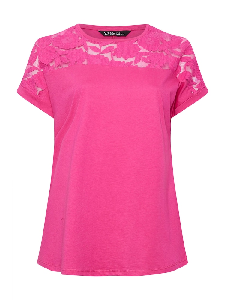 Yours Curve Pink 100% Cotton Floral Mesh Panel T-Shirt - Image 5 of 5