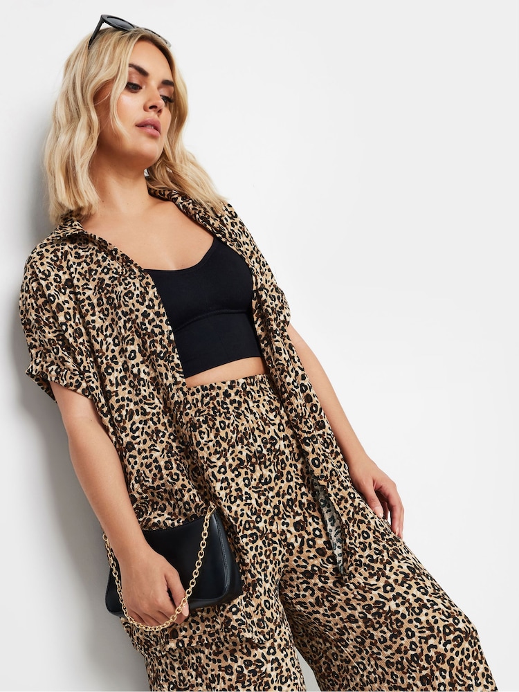 Yours Curve Black Leopard Leaf Crinkle Short Sleeve Shirt - Image 1 of 5