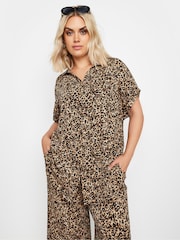 Yours Curve Black Leopard Leaf Crinkle Short Sleeve Shirt - Image 4 of 5