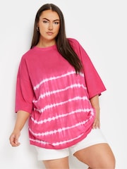 Yours Curve Pink 100% Cotton Tie Dye Boxy T-Shirt - Image 1 of 5