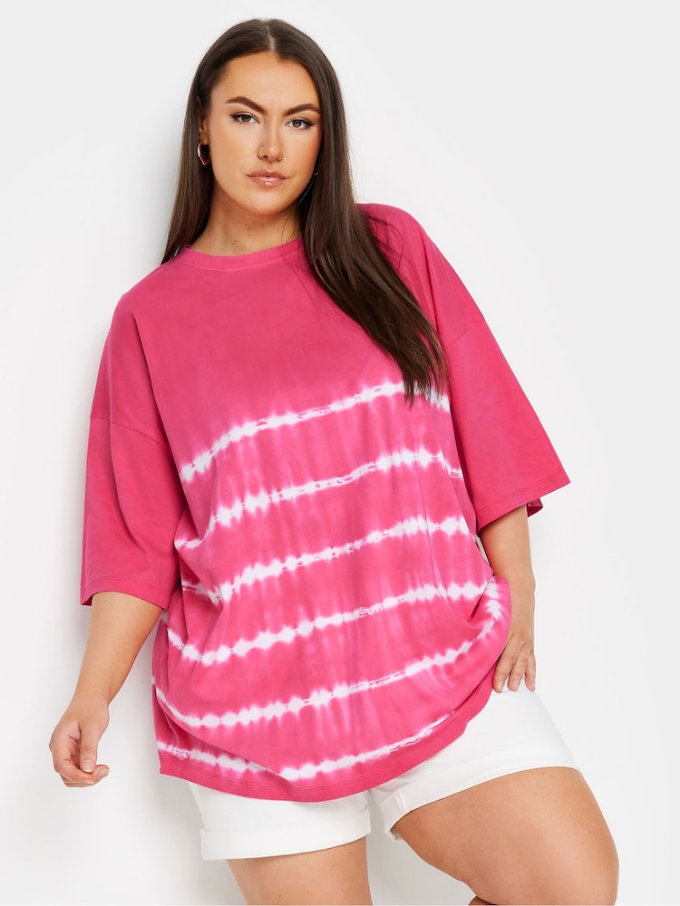 Yours Curve Pink 100% Cotton Tie Dye Boxy T-Shirt - Image 1 of 5 Yours Curve Pink 100% Cotton Tie Dye Boxy T-Shirt - Image 1 of 5