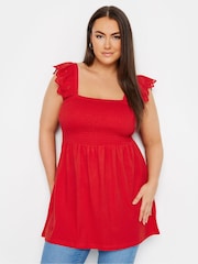 Yours Curve Red 100% Cotton Peplum Anglaise Frill Top - Image 1 of 5