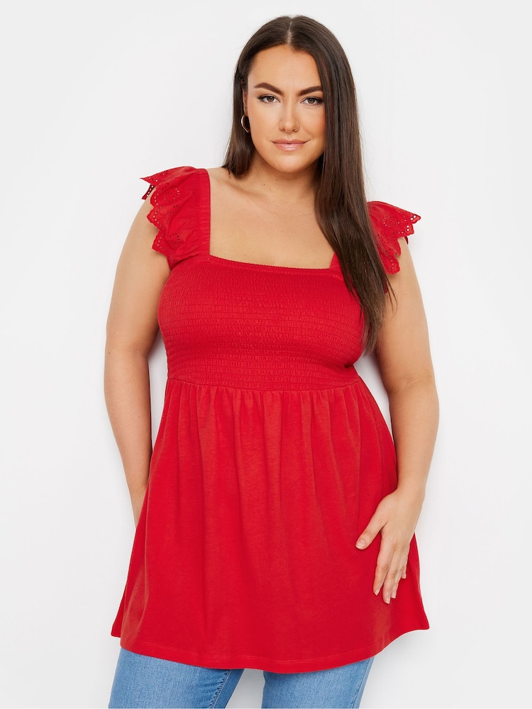 Rojo - Yours Curve 100% Cotton Peplum Anglaise Frill Top - Imagen 1 de 5 Rojo - Yours Curve 100% Cotton Peplum Anglaise Frill Top - Imagen 1 de 5