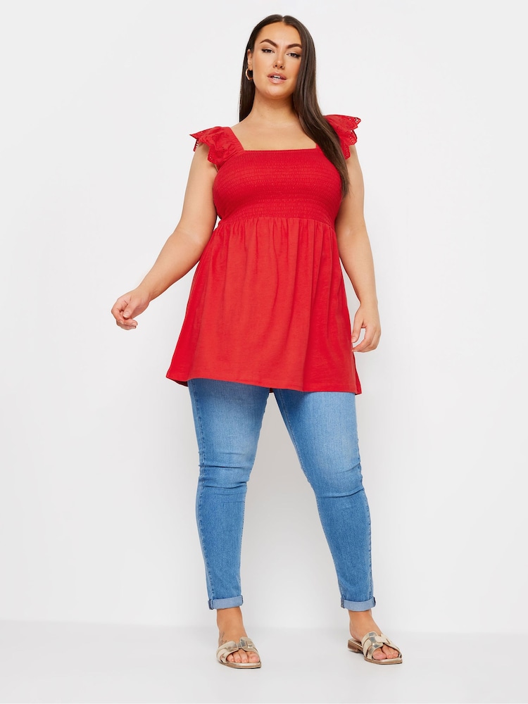 Yours Curve Red 100% Cotton Peplum Anglaise Frill Top - Image 2 of 5