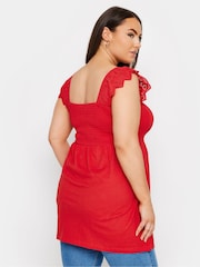 Yours Curve Red 100% Cotton Peplum Anglaise Frill Top - Image 3 of 5