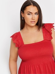 Yours Curve Red 100% Cotton Peplum Anglaise Frill Top - Image 4 of 5