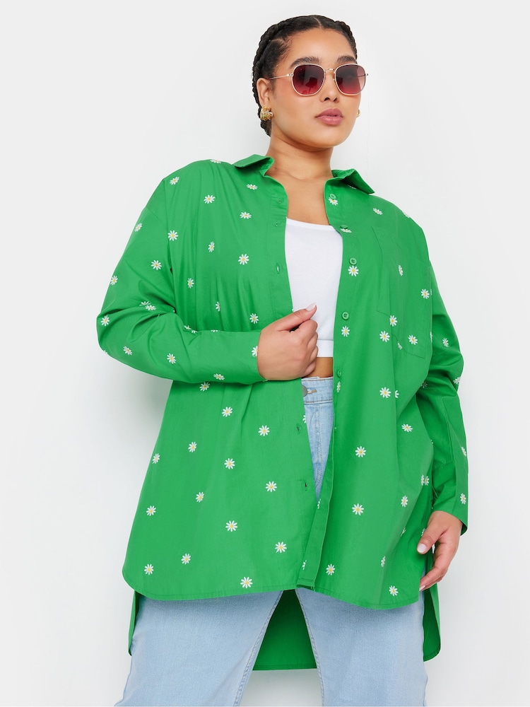 Yours Curve Green 100% Cotton Embroidered Daisy Shirt - Image 1 of 5