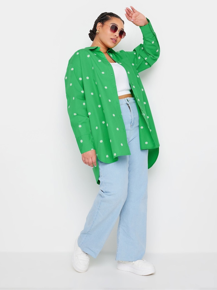 Yours Curve Green 100% Cotton Embroidered Daisy Shirt - Image 2 of 5