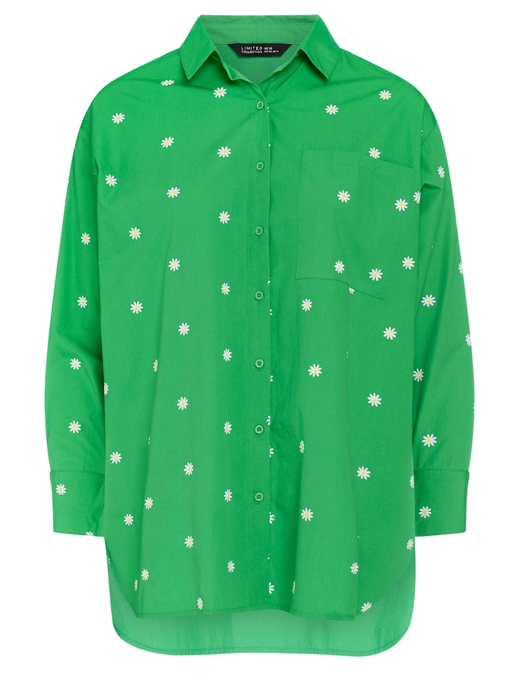 Yours Curve Green 100% Cotton Embroidered Daisy Shirt - Image 5 of 5