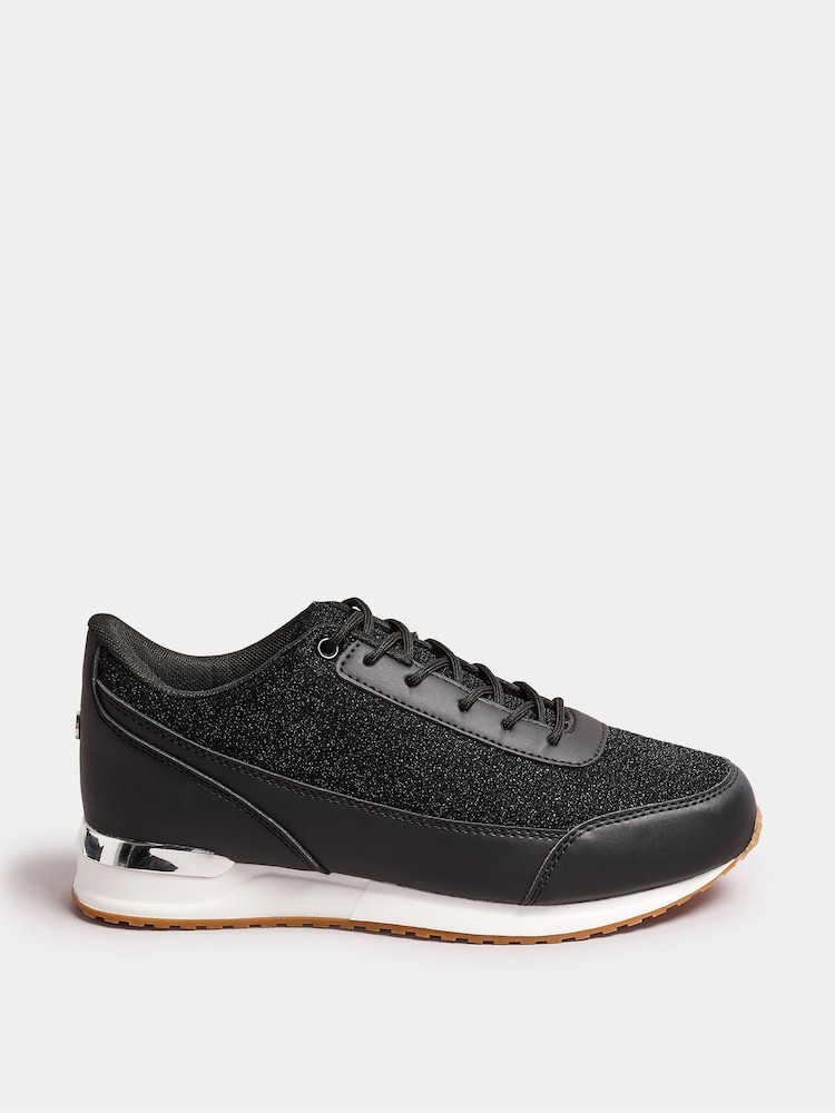 Yours Curve Black Glitter Meic Trim Trainers In Wide E Fit - Image 1 of 5