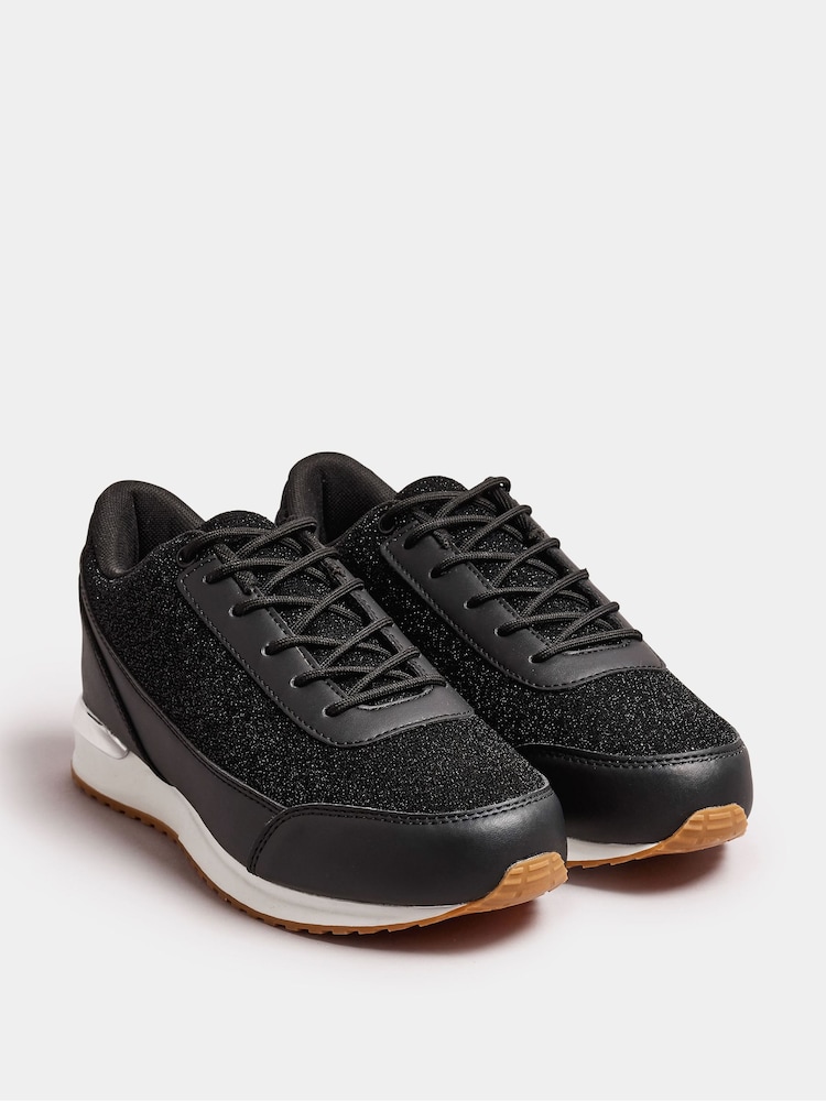 Yours Curve Black Glitter Meic Trim Trainers In Wide E Fit - Image 2 of 5