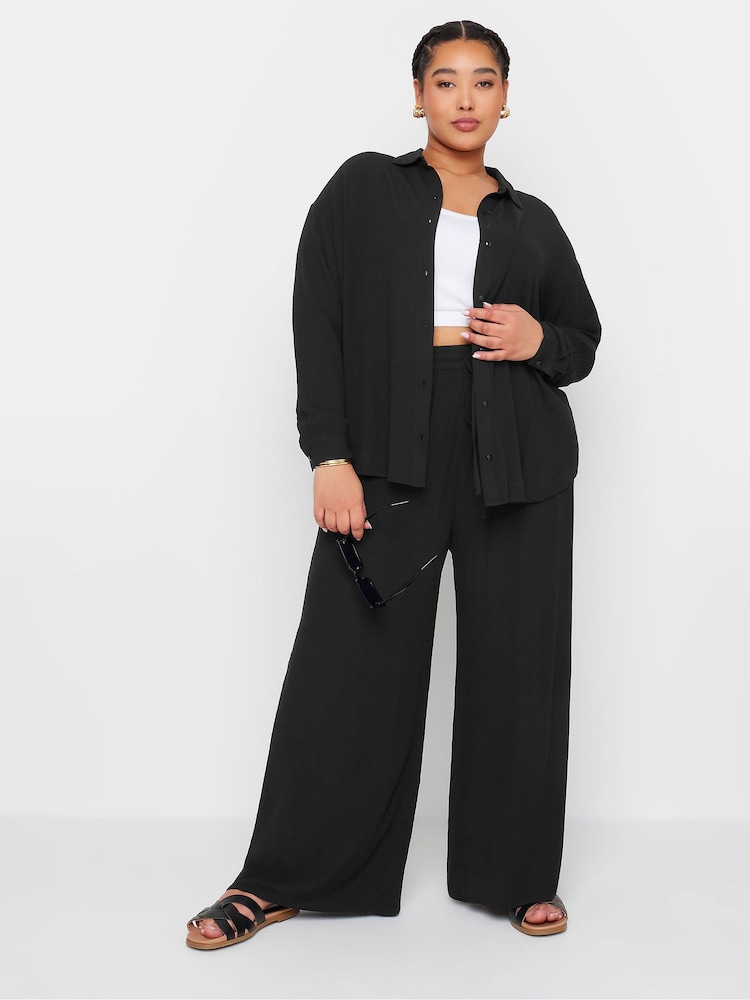 Yours Curve Black Crinkle 100% Cotton Long Sleeve Shirt - Image 2 of 5