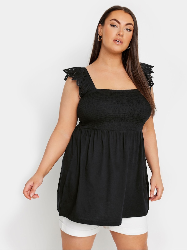 Yours Curve Black 100% Cotton Peplum Anglaise Frill Top - Image 1 of 5
