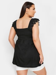 Yours Curve Black 100% Cotton Peplum Anglaise Frill Top - Image 3 of 5
