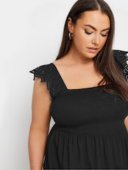 Yours Curve Black 100% Cotton Peplum Anglaise Frill Top - Image 4 of 5