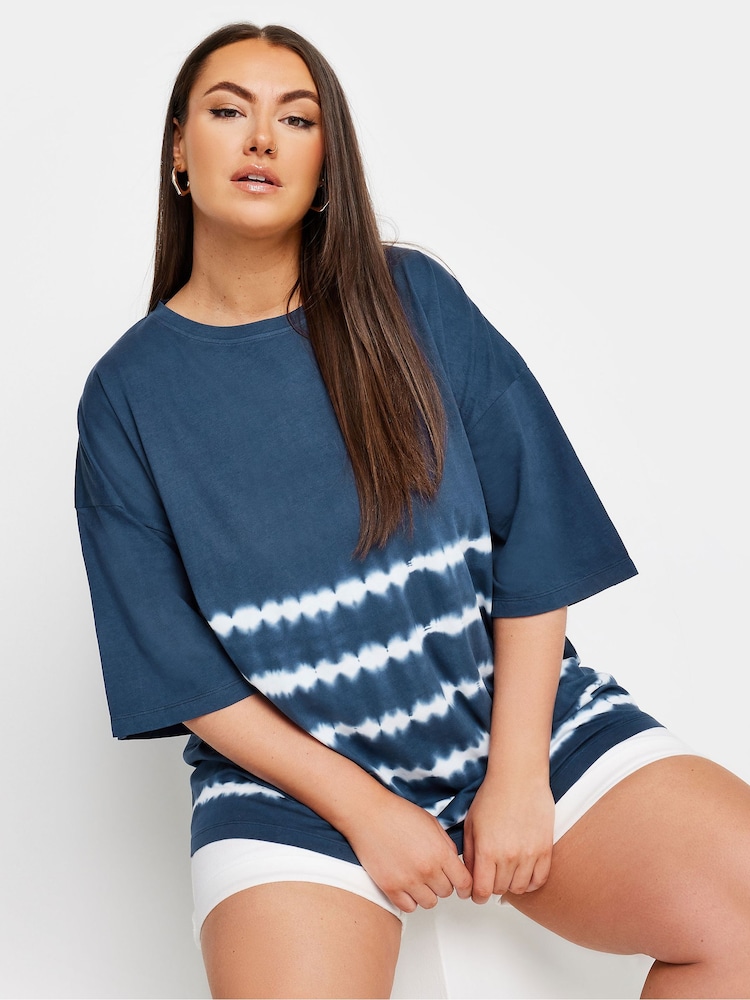 Yours Curve Blue 100% Cotton Tie Dye Boxy T-Shirt - Image 1 of 5 Yours Curve Blue 100% Cotton Tie Dye Boxy T-Shirt - Image 1 of 5