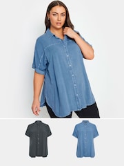 Yours Curve Blue & Black Chambray 100% Cotton Shirts 2 Pack - Image 1 of 8