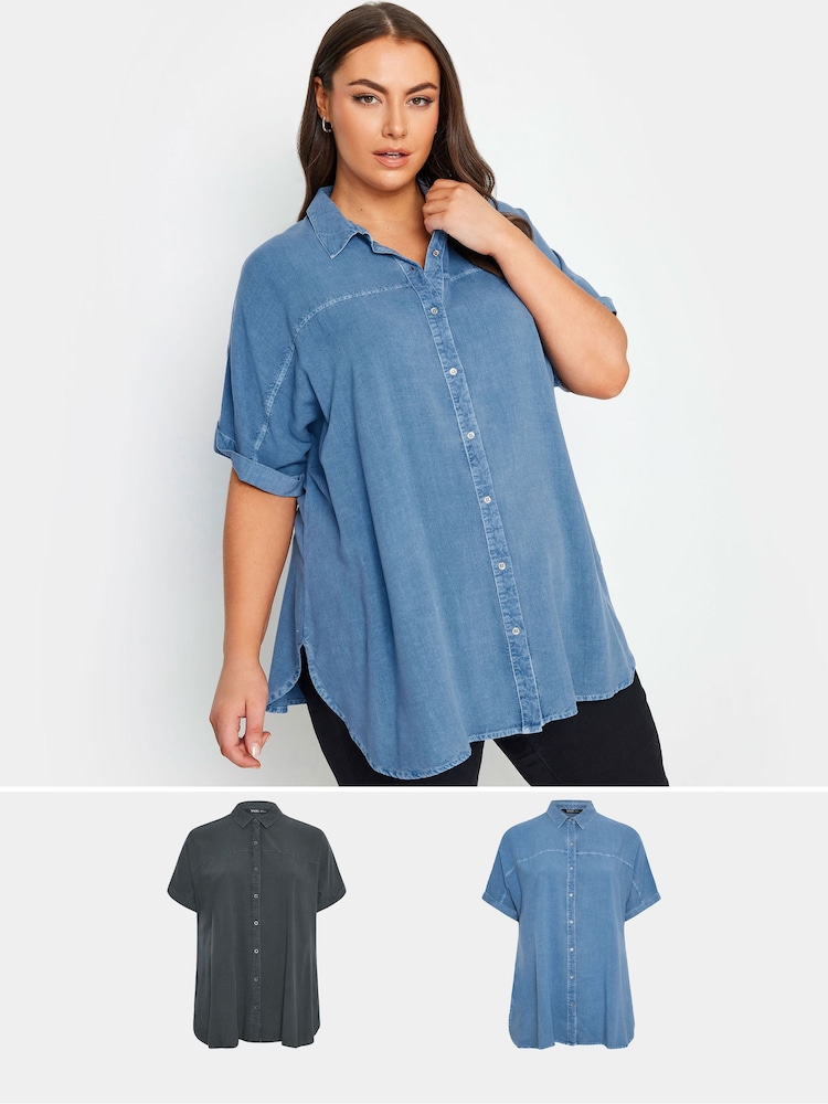 Yours Curve Blue & Black Chambray 100% Cotton Shirts 2 Pack - Image 1 of 8