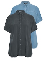 Yours Curve Blue & Black Chambray 100% Cotton Shirts 2 Pack - Image 6 of 8