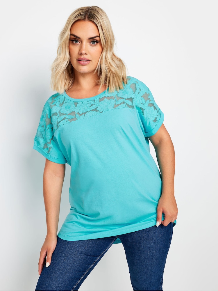 Yours Curve Blue 100% Cotton Floral Mesh Panel T-Shirt - Image 1 of 5