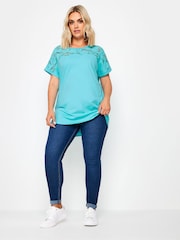 Yours Curve Blue 100% Cotton Floral Mesh Panel T-Shirt - Image 2 of 5